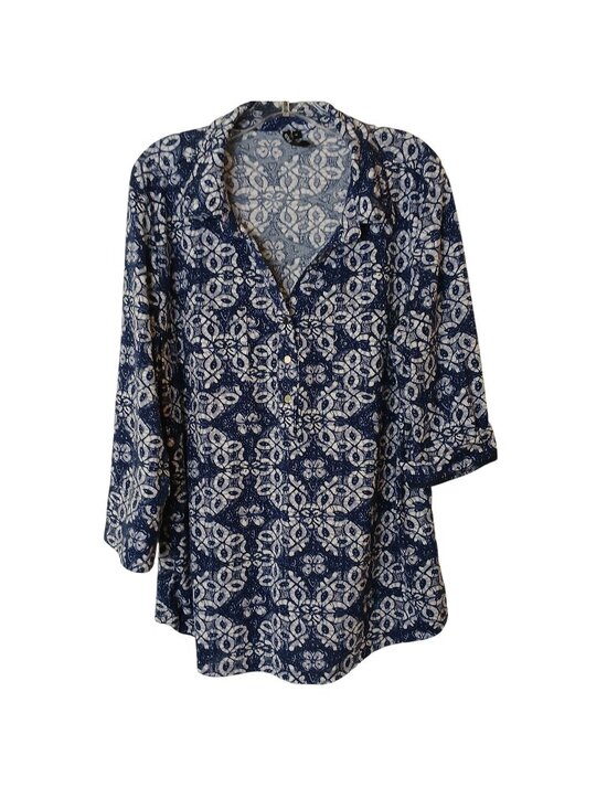 Cathy Tops - Cathy Womens XL Blue White Patterned Shirt Roll-Tab 3/4 Sleeve 1/4 Button #D-36